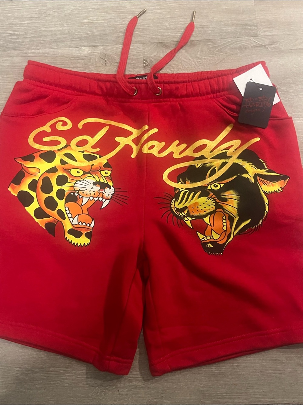 Ed Hardy Red Men's Graphic Panther Shorts with Gold Accents